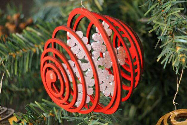 RedRegularSnowflakeSeasonalSpiralOrnament Dragonfly Wood Arts dragonfly wood arts